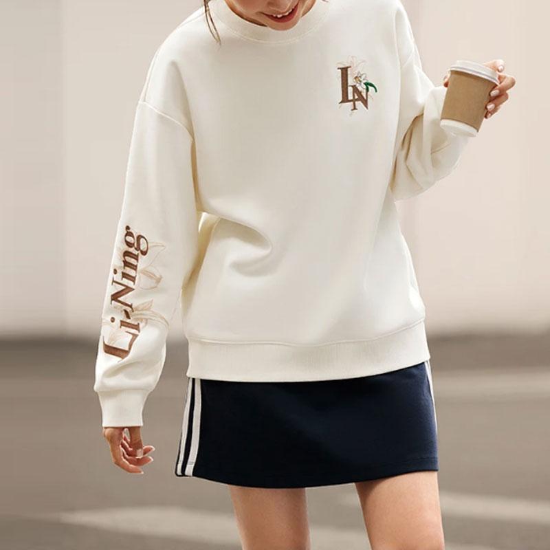 Li Ning Sports Lifestyle Series Letter Floral Fleece Warm Antibacterial Loose Pullover Sweatshirt Women Sweatshirt Off-White AWDTE44-1