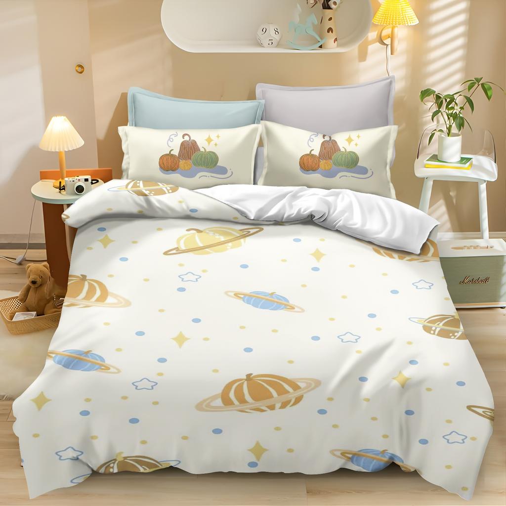 Cartoon Kürbis Bettbezug Schlafzimmer 3-teiliges Set Kinder Niedlich Polyester Weich Atmungsaktiv Bettdecke Animation Bettwäsche