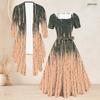 Women Plus Size Two Piece Set Abstract Printed Square Neck Tie Waist Flared Dress 3 4 Sleeve Cardigan