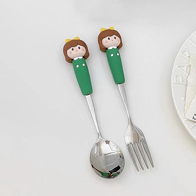 Cute Cartoon Girls Spoon Fork Set Kids Tableware 304 Stainless Steel Cutlery Set with Silicone Handle Children's Tableware