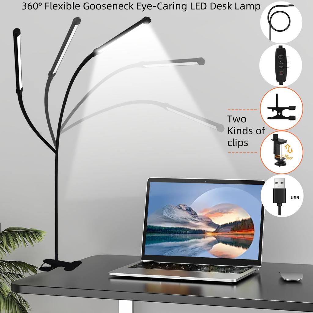 Desk Lamp Clip On LED Desk Lamp 3 Color Modes Brightness Dimmable Table Lamp Metal Clip 360° Adjustable Gooseneck Reading Lamp