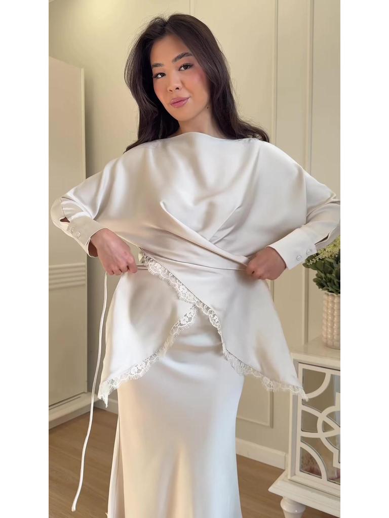 Spring 2026 Women's Solid Satin Long Sleeve Top & Skirt Set