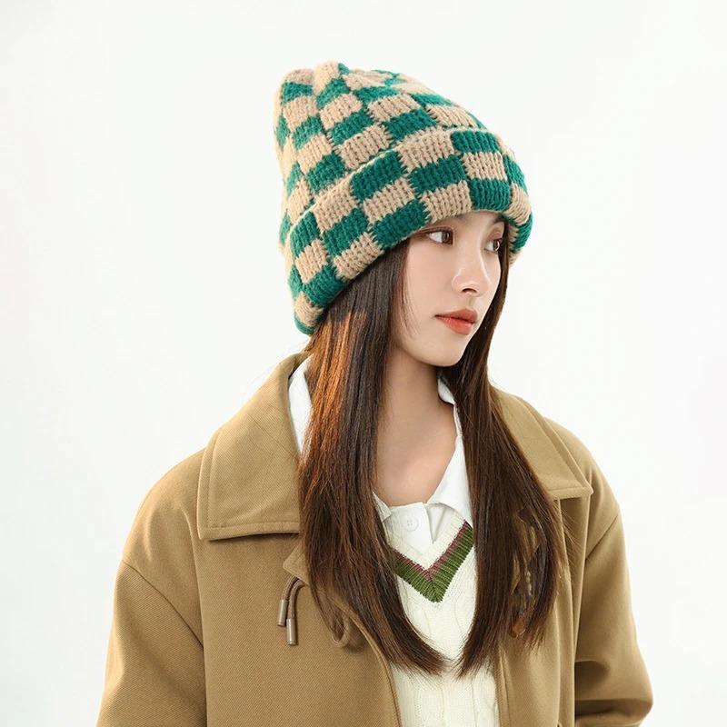 Nuovo Berretto Invernale a Quadri Giapponese Coreano con Teschio Berretto Lavorato a Maglia per Donna Ins Marchio di Lusso Y2k Berretto Cappello Caldo Pesante Cappellino Casual