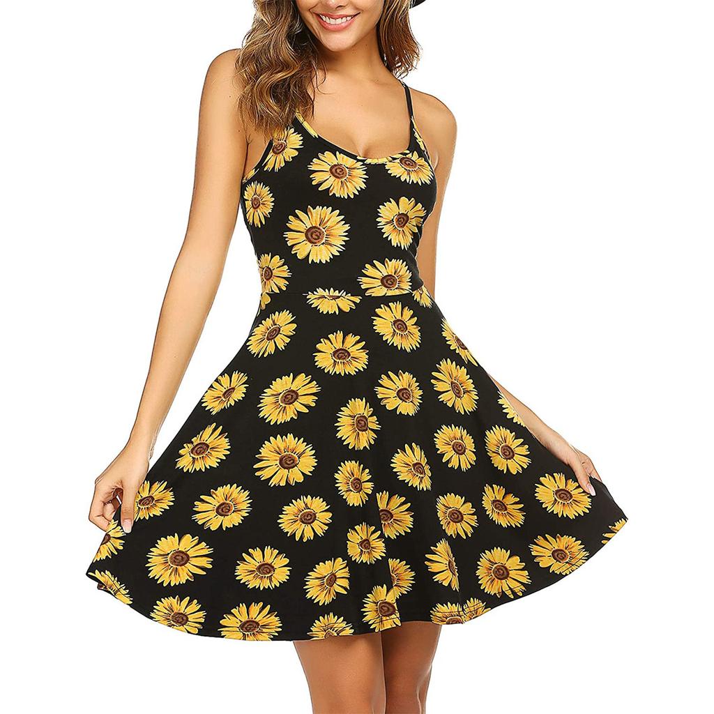 Women's Fashion Casual Sleeveless Shoulder Strap Flower Flared Dress