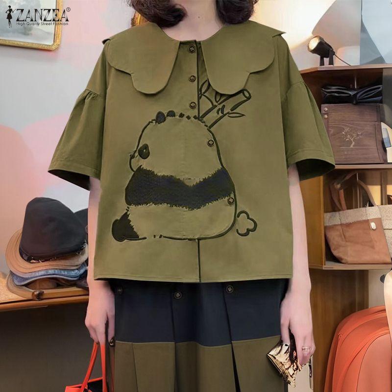 ZANZEA Women Casual Doll Collar Summer Half Sleeve Print Blouse