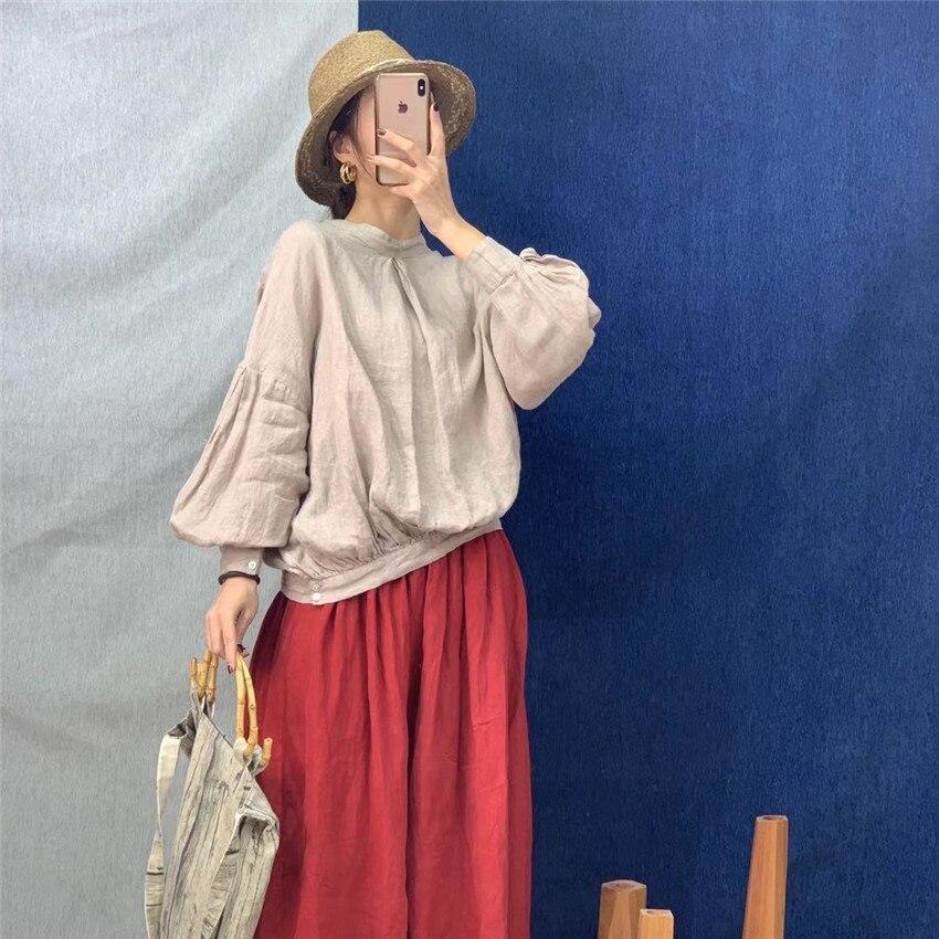 

Johnature Vintage Mori Свободные однотонные женские топы Блузки с рукавами-фонариками Рубашки на пуговицах One Size хаки