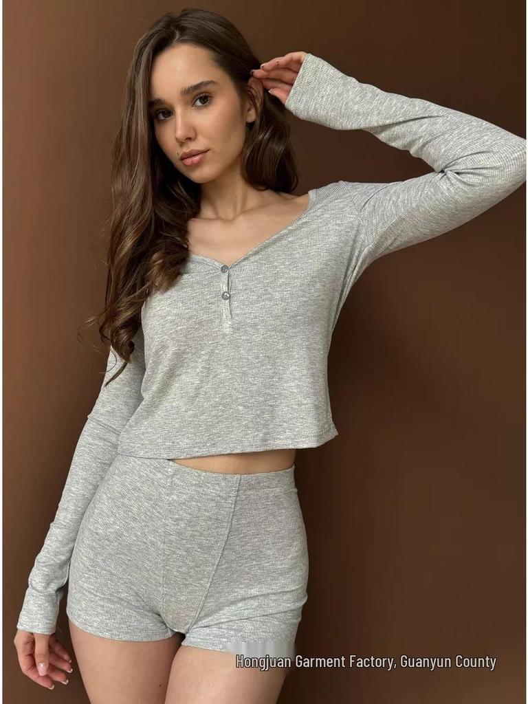 2026 Slim & Breathable Women's Knit Long Sleeve Shorts Pajamas - European & American Style, Comfortable for Home or Outdoor Wear