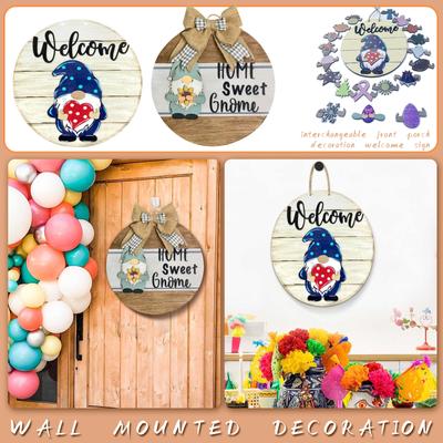The Front Door Is Decorated With A Gnome Welcome Sign Wooden Wreath, Interchangeable Decorations, And A Rustic Wall Mounted Porch Decoration