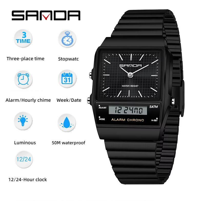 Retro Square Dual Time Watch Analog Quartz Digital Dual Display Wristwatch Waterproof Multi-Function Alarm Chrono Thin Steel Band Watch Full Black чёрный