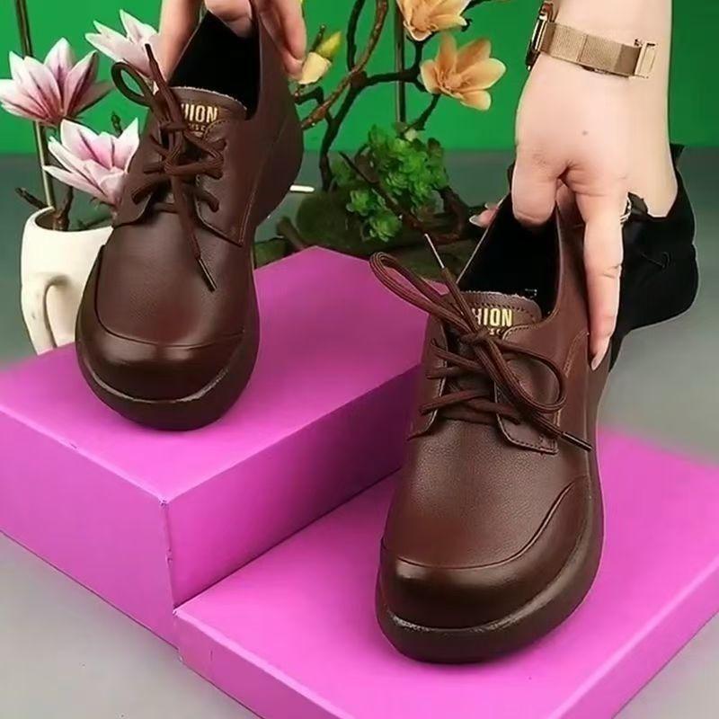 Spring and Autumn New Platform Shoes Round Head Lace-up Flat Bottom Non-slip Small Leather Shoes Platform Slope Heel Single Shoes Women's Models