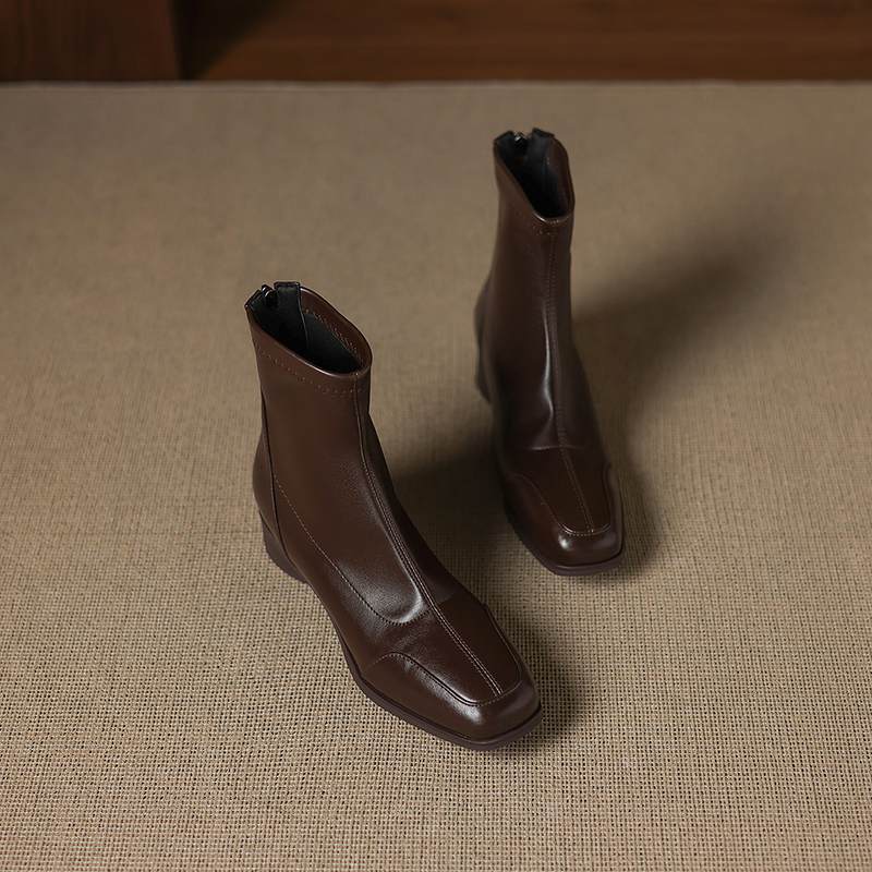 Krazing Pot Microfiber Winter Square Toe Modern Size 33 Boots Size 43 Concise Design Med Heels Zipper Women Ankle Boots