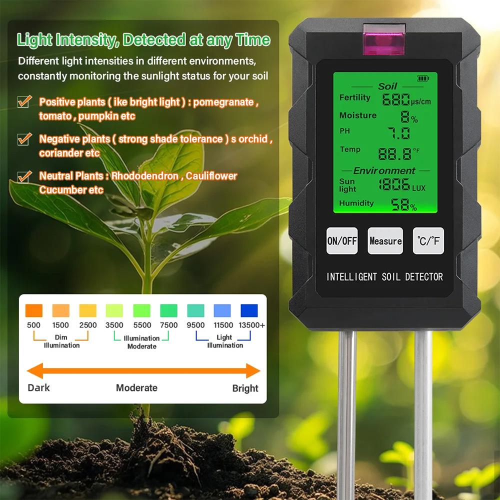 6-in-1 Intelligent Soil Tester with Dual Probe Digital Backlit Display Screen Temperature Humidity