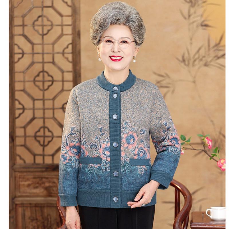 Autumn and winter round neck printed fleece thickened knitted cardigan women's loose casual jacket old and new mother outfit