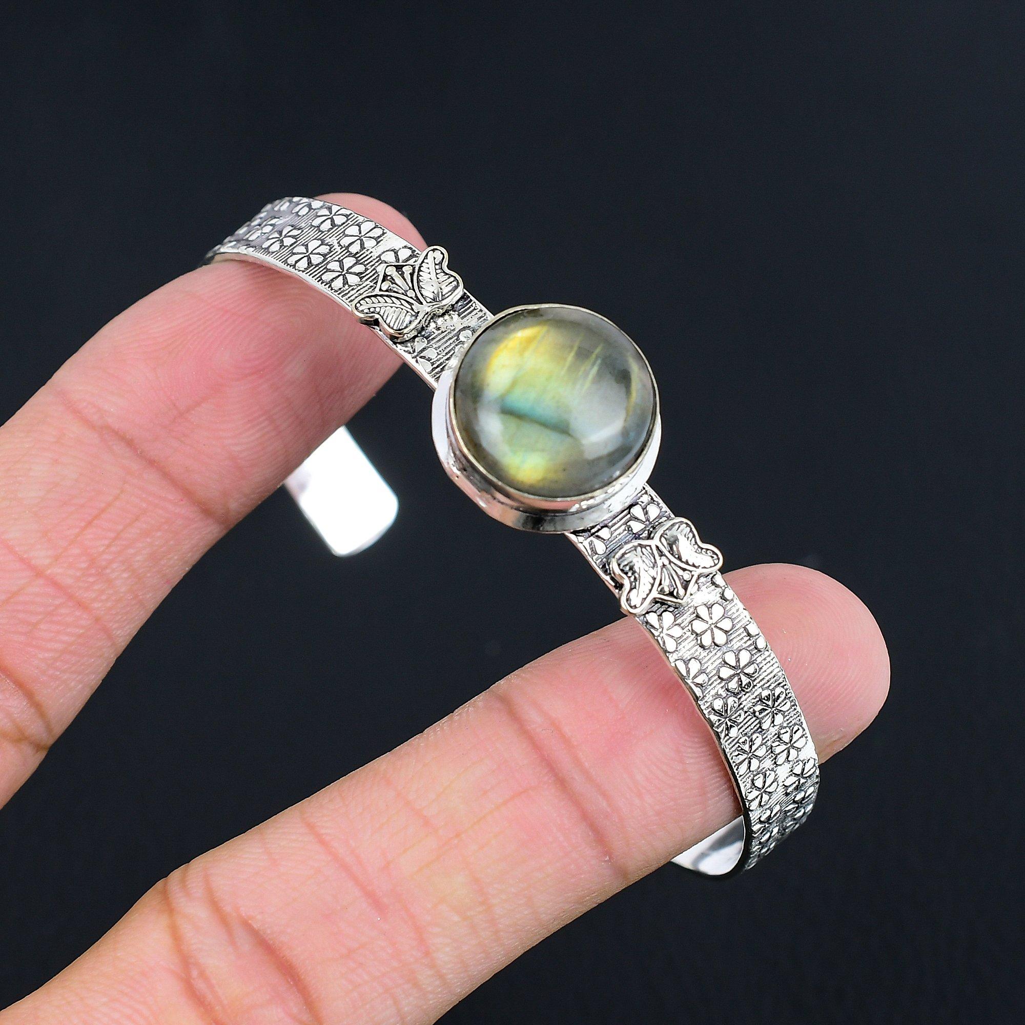 

Birthday Gift For Her Natural Labradorite Gemstone Bangle Adjustable 925 Silver Adjustable