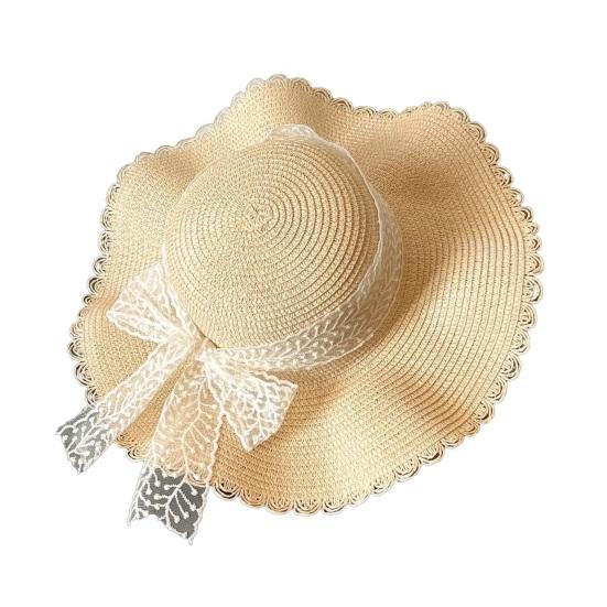 

Sun Hat Large Wavy Brim Breathable Summer Straw Hat with Lace Bow Tulip Decor Foldable Portable Travel Hat A
