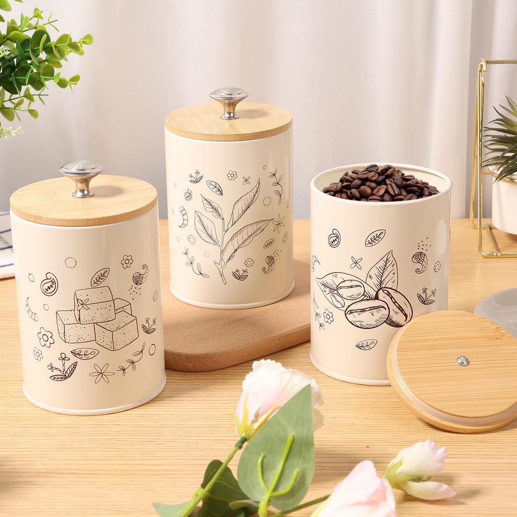 3Pcs Vintage Print Metal Canister Set with Airtight Wood Lids Sugar Tea Coffee Storage Containers Jar for Counter Dining Room
