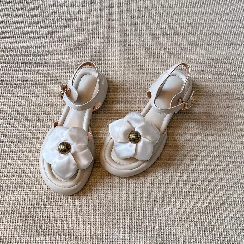 

With skirt sandals women s 2025 summer new metal flower black open-toed buckle strap thick heel Roman shoes 40
