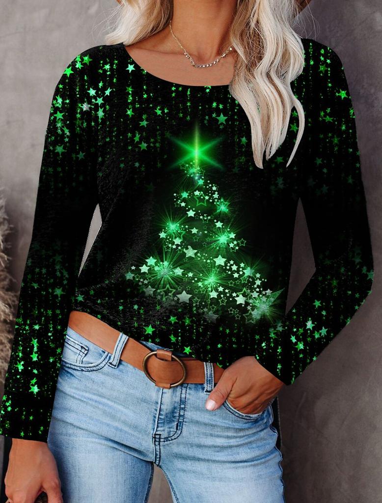 2023 Fashion Women's Pullover Christmas Blue Star Graphic Casual Sports O-Neck Long Sleeve Tops Micro-Elastic Fall & Winter