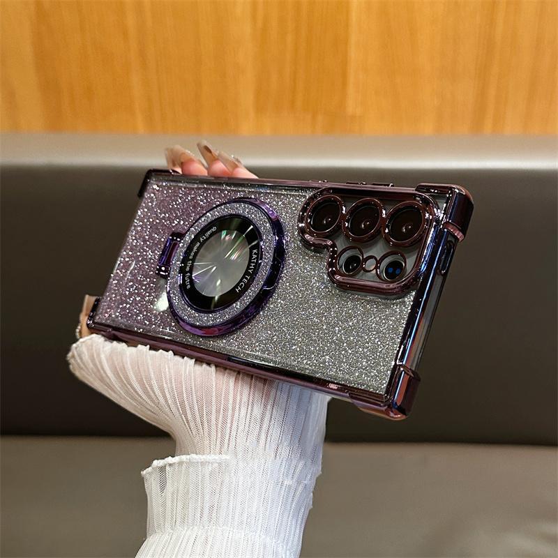 Suitable for Samsung S25 Ultra Flash Powder Magnetic Suction Bracket Mobile Phone Case A56 Electroplated Four Corner Anti Fall NOTE20 Case A36