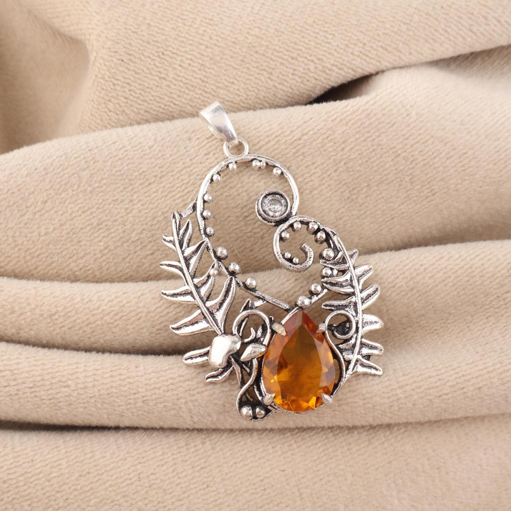 Natural Citrine Gemstone Silver Pendant 1.8" , 925 Sterling Silver Women Jewelry, Yellow Stone Jewelry, November Birth-Stone Gift CP-42-7