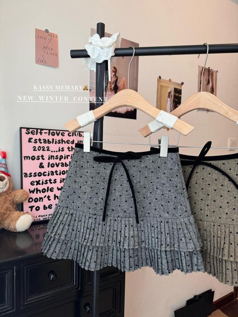 Women's Plus Size Grey Polka Dot Knit Wool A-Line Pleated Short Skirt with High Waist
