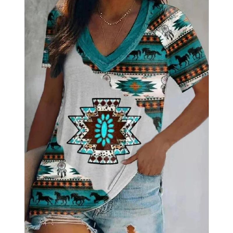 Summer V-neck 3D Retro Printed Top Fashionable Casual Short Sleeved Women's T-shirts