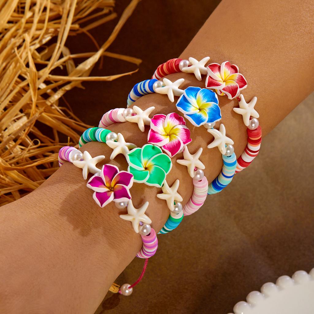 Polymer Clay Flower Starfish Drawstring Bracelet Handmade Braided Accessory Bohemian Beach Vacation Style Holiday Gift