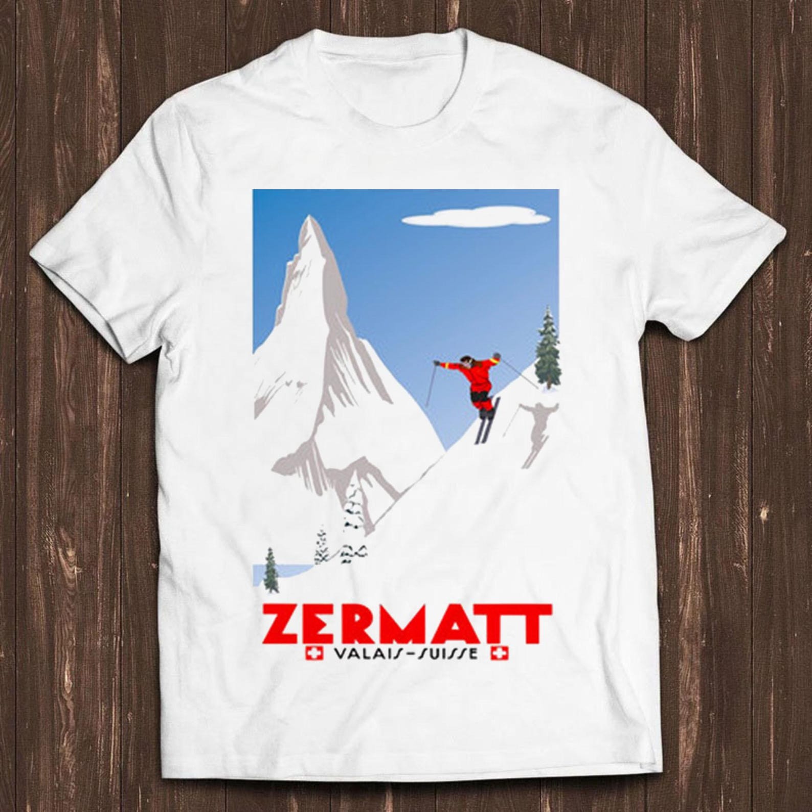 Swiss Alps Ski T Shirt Zermatt Valais Switzerland Poster Cool Tee C58 M