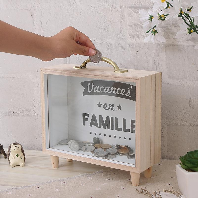 Cute Wooden Transparent Coin Bank with Reusable Lid Large Capacity Piggy Bank for Easy Savings & Withdrawals Portable Design