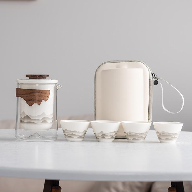 Suet Jade White Porcelain Guochao Ink and Wash Travel Tea Set, a Pot of Four or Six Cups, New Chinese Express Cup Light Luxury Business Gifts