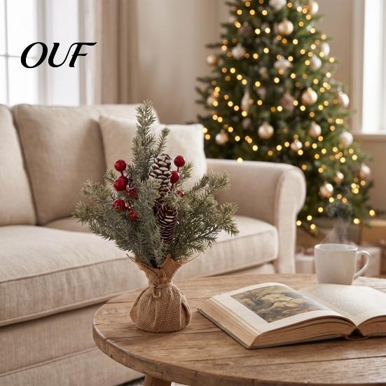 Artificial Pine Tree Desktop Miniature Christmas with Red Berries, Mini Burlap Plant for Home Base, Tabletop Faux Small Potted Holiday Party