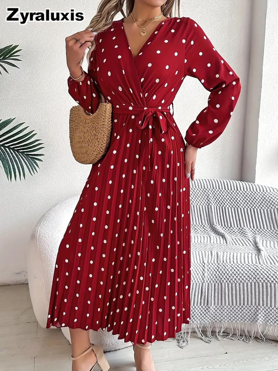 Bohemian Tie-Belt Pleated Polka Dot Long Dress - Autumn V-Neck Long Sleeve Dress S кардинал