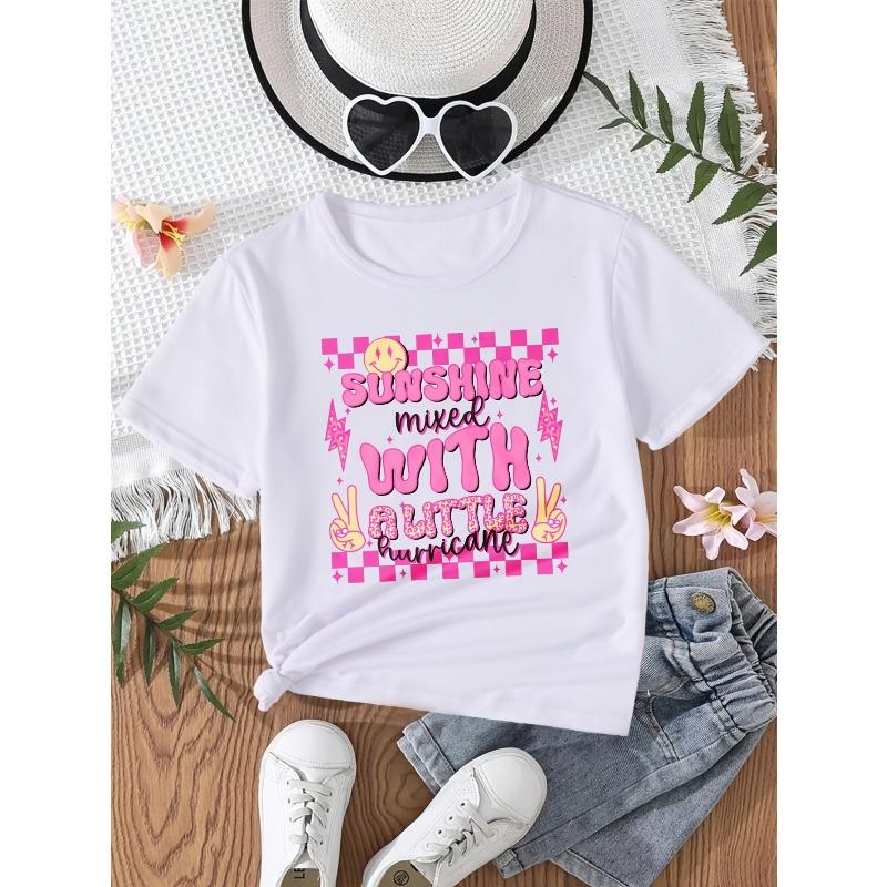 European sizes Girls SUNSHINE MIXED WITH A LITTLE HURRICANE Cute Round Face Hand Sign Print Sweet Creative Girls Short Sleeve T-Shirt 110 белый
