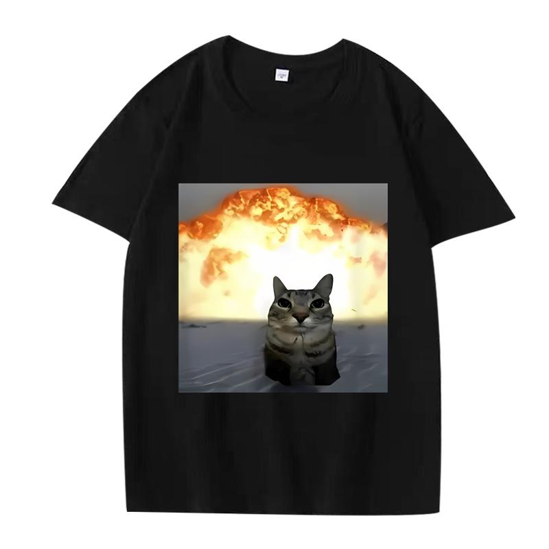 Whimsical Cat Explosion Graphic T Shirt Men Women Oversized 100% Cotton Funny Hot Sale Short Sleeve Summer Print Unisex Tops