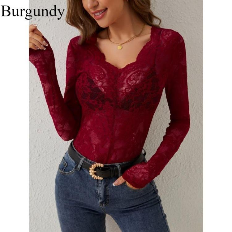 Women Sexy V Neck Lace Base Shirt Slimming Long Sleeve Top Comfortable Single Layer Fall Winter New Inside Wear