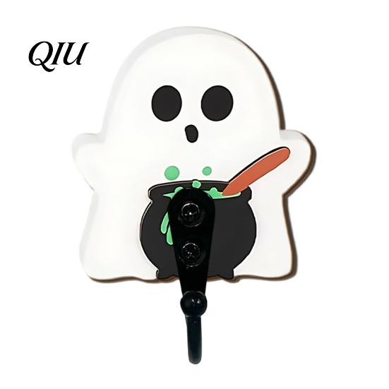 Punch Free Wall Storage Rack Halloween Themed Hook, Decorative Ghost Pattern Key Hanger, Self Small Bag Hanger for Bathroom Adhesive Backing Wood Base