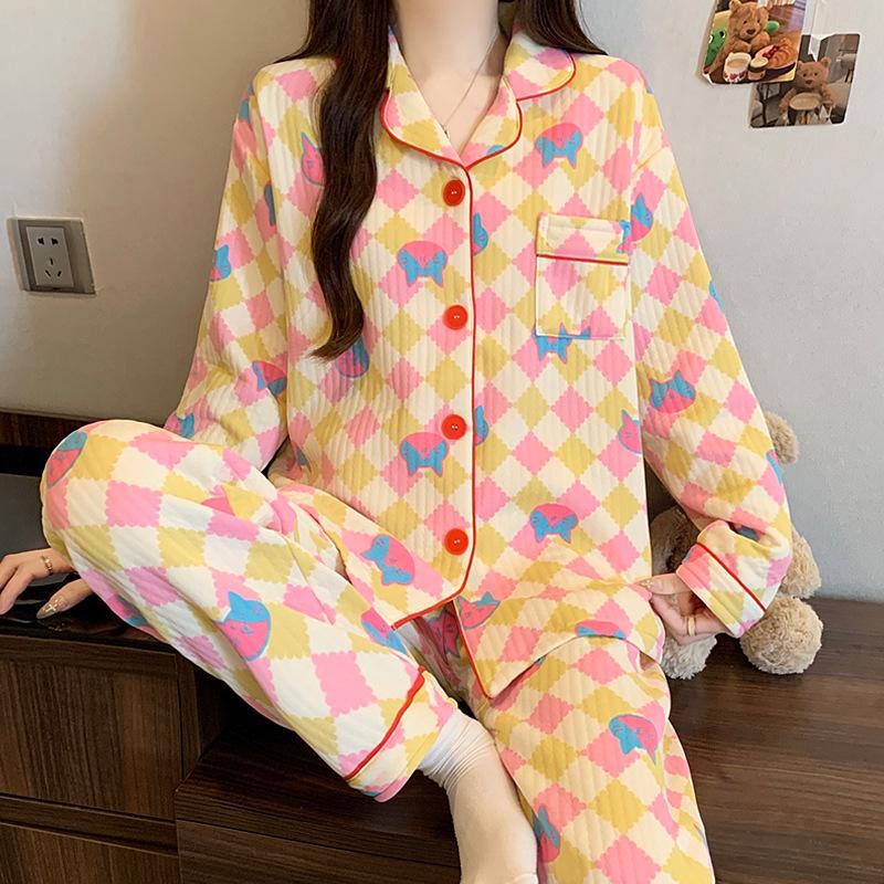 Air cotton pajamas women's autumn and winter long sleeves thickened interlayer warm stars cat student loungewear real shot