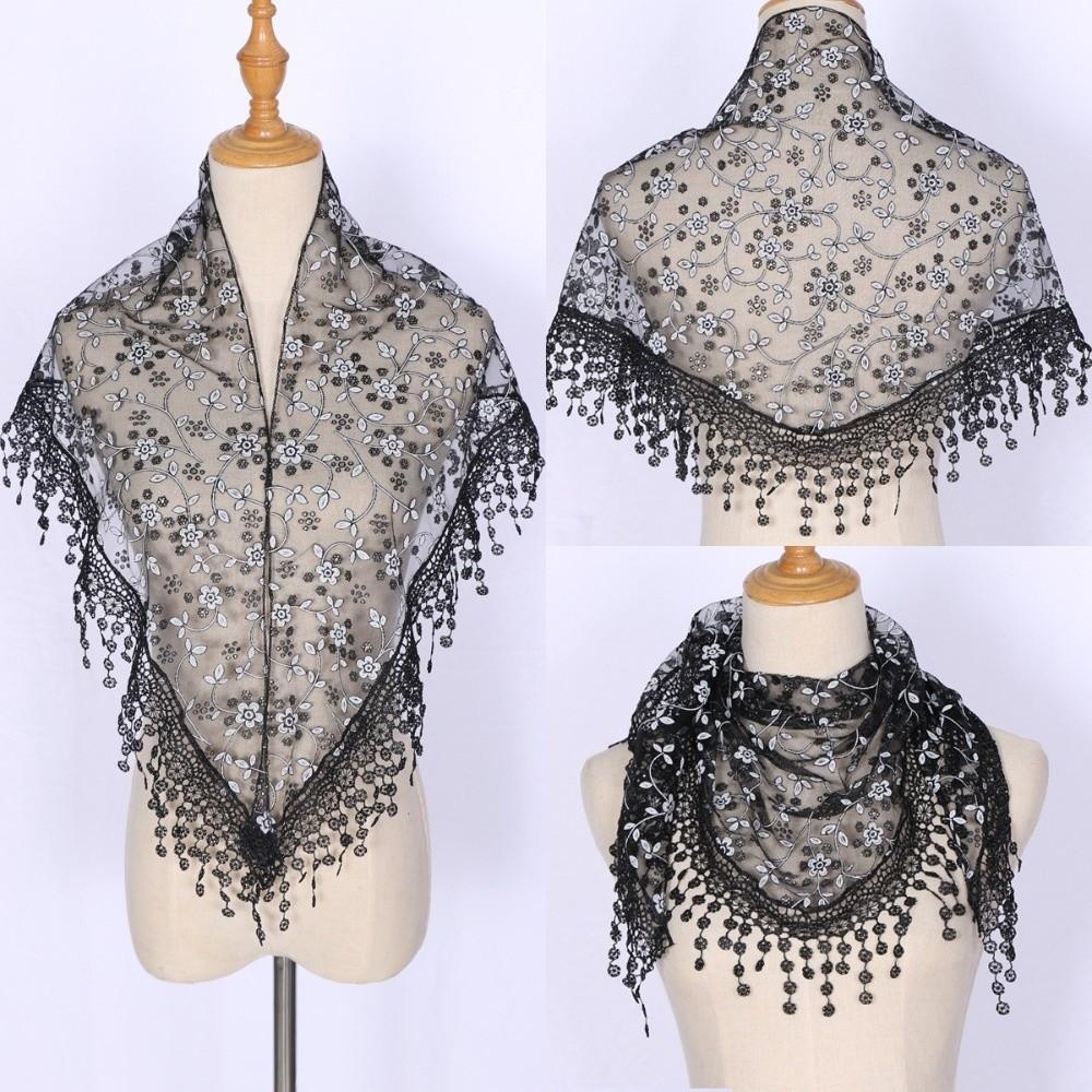 Floral Hollow Shawl Triangle Sequined Gauze Scarf New Lace Veil Headscarf