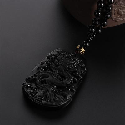 Women Rope Auspicious Beaded Chain Black Dragon Totem Pendent Necklace Natural Obsidian Carved