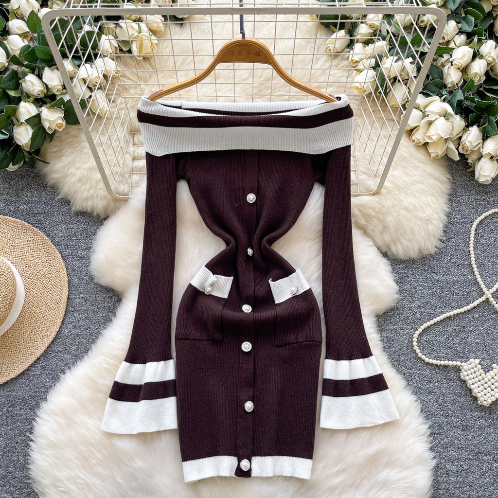 Kobiety Sukienka Bodycon z Odkrytymi Ramionami Jesień Długi Rękaw Metalowy Guzik Odzież Robocza Damska Dzianinowa Sukienka Mini w Bloki Kolorów Sexy