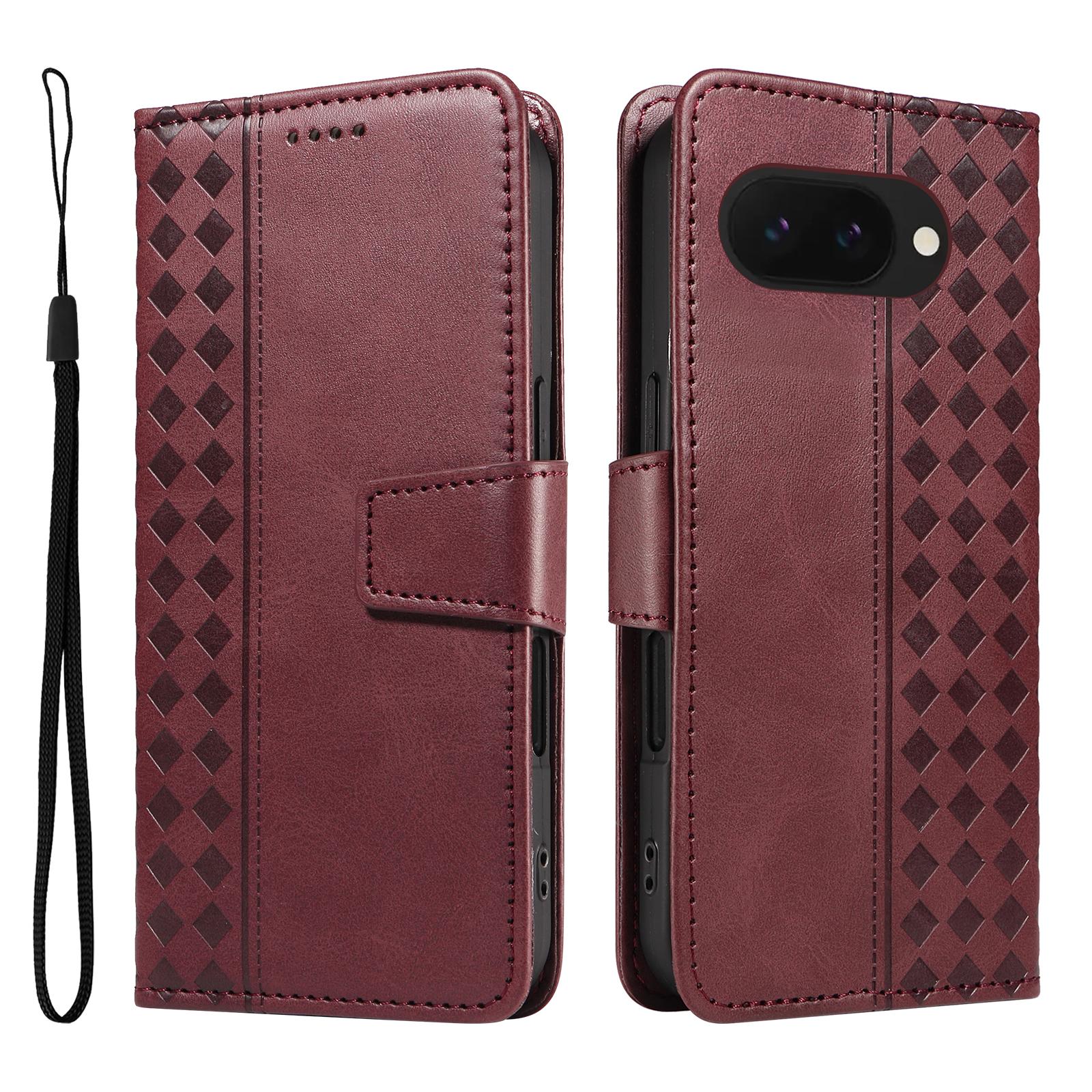 

For Google Pixel 9a Leather Case Wallet Stand Grids Imprinted Phone Cover with Strap D