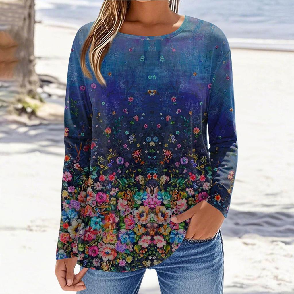 Damen Modisches Lässiges Bedrucktes Langarm Rundhals Oberteil Rundhals Oberteil Top