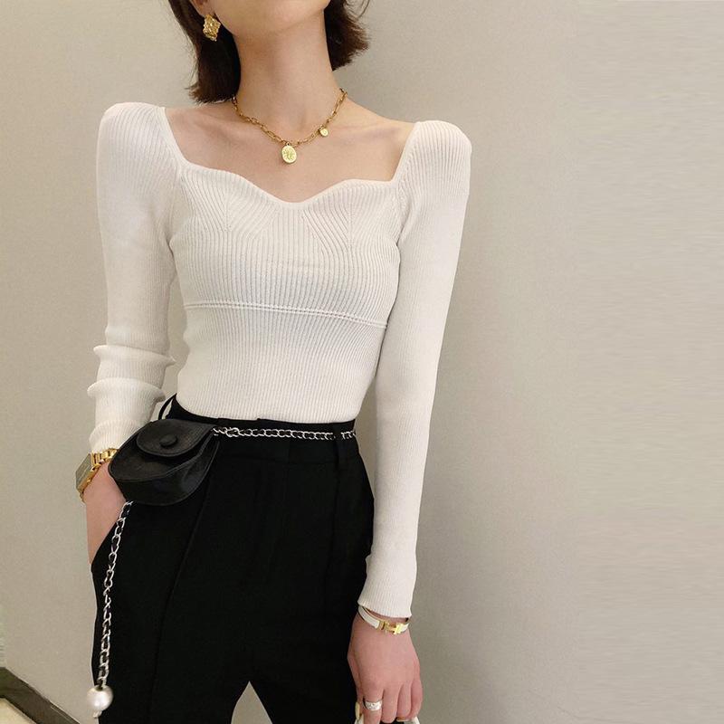 Retro French Style Square Neck Top for Women Long Sleeved Knitted Base Shirt for Women Slimming Off for Women Wearing A Thick Pullover Sweater Women