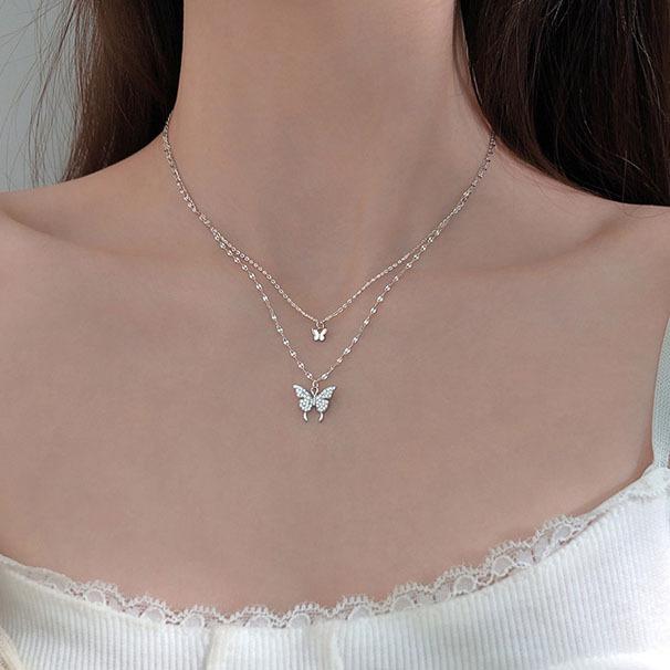 Korean double-layer butterfly necklace female non-fading collarbone chain light luxury niche-level design sense light luxury niche