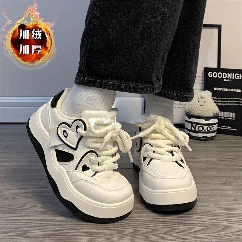 Campus wind velvet love little white shoes women's winter thickened warm two cotton shoes student versatile sports board shoes