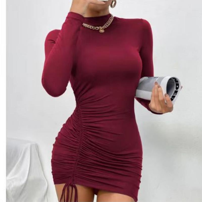 New Elegant Half Turtleneck Long Sleeved Drawstring Pleated Lace-up Dress Spring Autumn Bodycon Party Short Dress Female Solid Color Casual Clothing