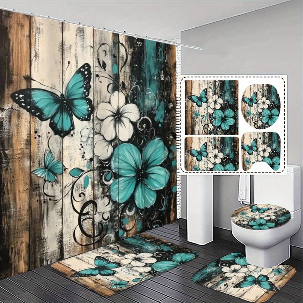 1/4Pcs Bathroom Shower Curtain Set Teal Butterfly  Print Bathroom Curtain With 12 Hooks Non Slip Rugs Toilet Cover Mat Bathroom Partition