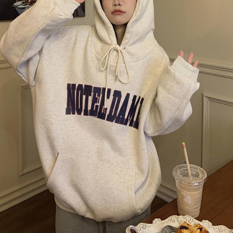 Polstret hettegenser dame høst og vinter stor størrelse trykt fleece skjorte høst og vinter løse topper mote retro allsidig sweatshirt