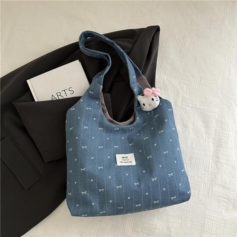 Korean Style Denim Tote Purse With Embroidered Stitching Small Capacity For Commuting