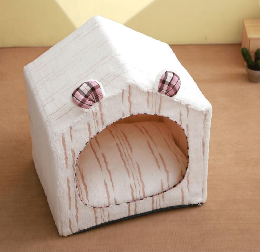 Aesthetic Rabbit Fur Pet Tent Enclosed Cat House for Indoor Skin-Friendly Kitten Bed Cozy Plush Cat Shelter Stylish Pet Hideout